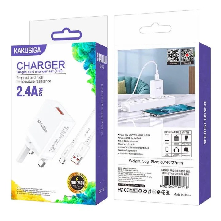 KAKUSIGA 2.4A Single USB (UK Plug) Fast & Safe Charger